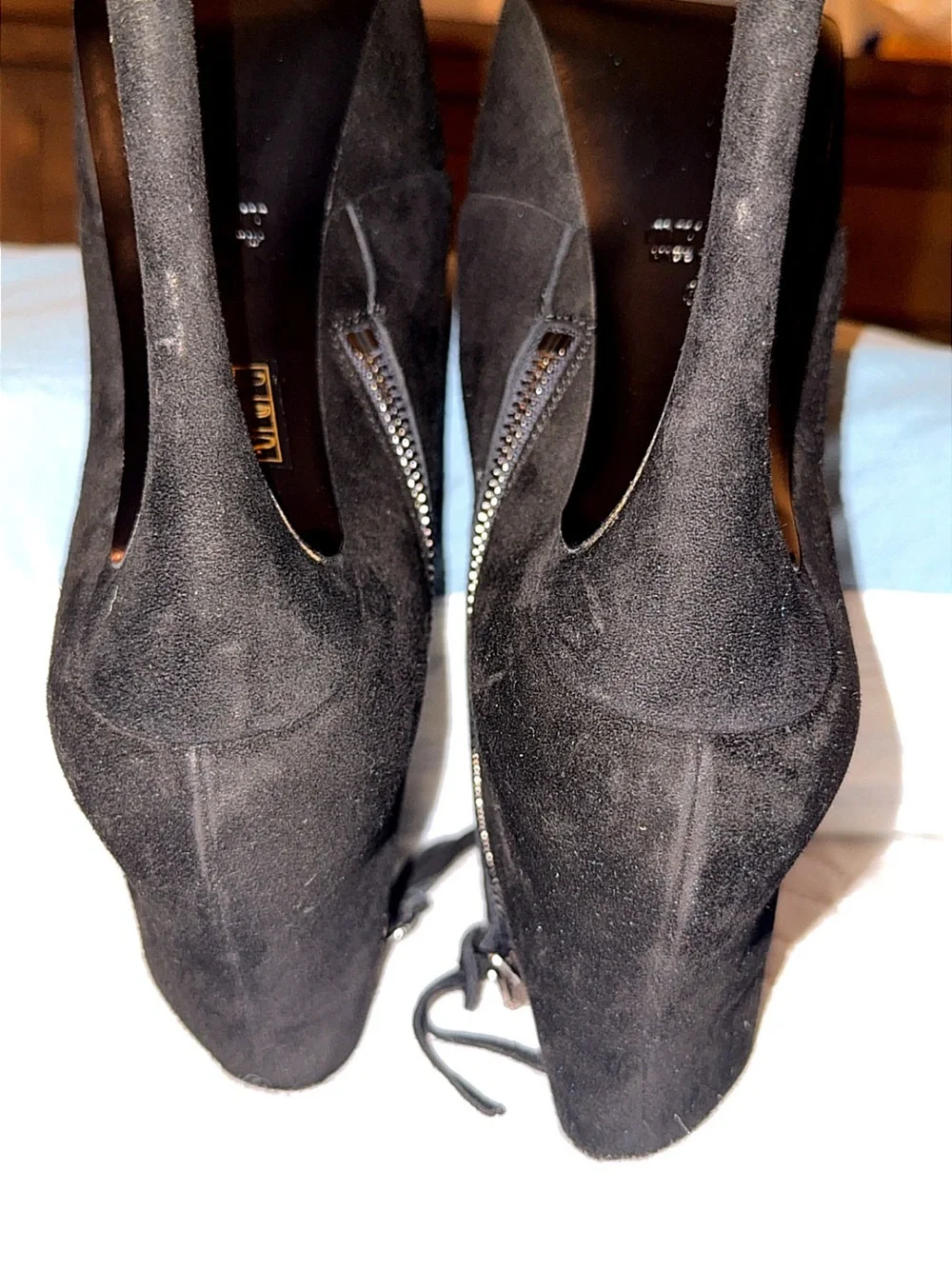 Miu Miu Black Suede Platform Ankle Booties with Gold Zip